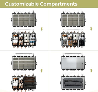 Extra Large Shoe Organizer for Closet, Fits up to 28 Pairs, Fabric Shoe Box Storage Containers with Adjustable Dividers and Clear Cover, Black, 1 Pack