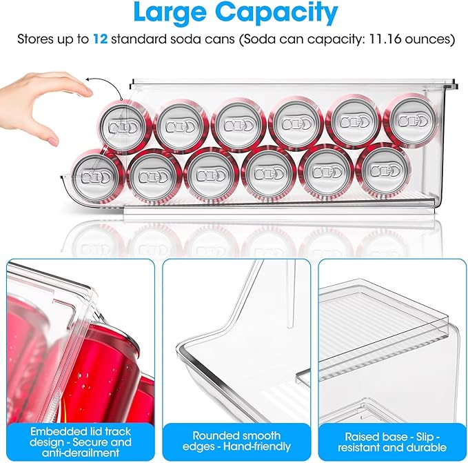 2 Pack Stackable Soda Can Organizer with Lids, Refrigerator Organizers and Storage, Clear Organizers for Pantry, Freezer, Kitchen – Holds 12 Cans Each