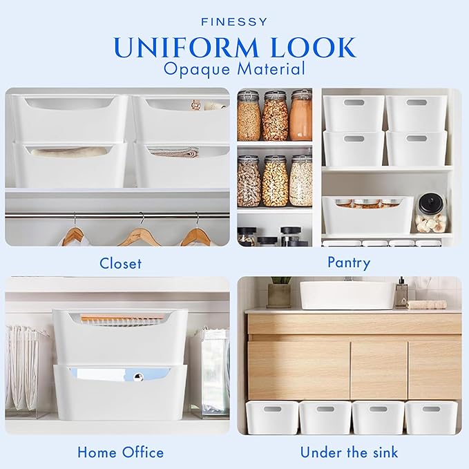 White Small Storage Bins with Lids 2 Pack for Organization for Pantry Bathroom Shelves Closet Cabinets, Stackable Plastic Storage Basket with Lid, Lidded Organizing Bin Containers for Shelf and Crafts