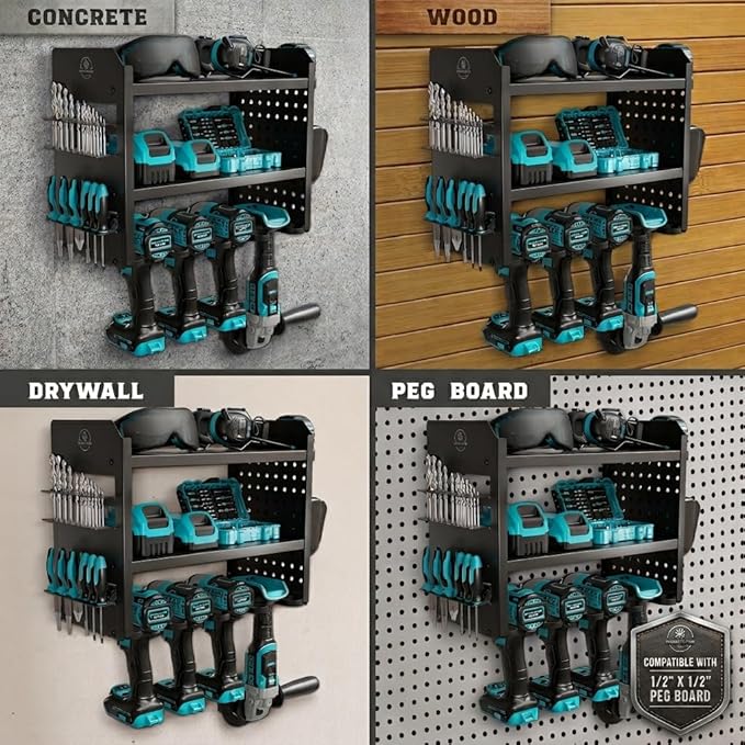 BUILTSTRONG Power Tool Organizer Wall Mount – 3-Tier Heavy-Duty Steel Rack, 4 Drill Slots, Pegboard + Utility Side, 100 lb Capacity – Garage, Workshop & Shed Storage (Black)