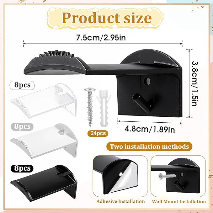 SHENLIU Hat Hooks for Wall - 24 Pcs Strong Adhesive Cowboy Hat Rack, 2.95" Extended Baseball Cap Hanger Display Hooks, Hat Organizer for Closet Door Wall, Clear White Black