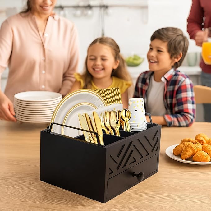 Paper Plate Dispenser with Drawer, country style Wood Kitchen Counter, Picnic, Party, Camping - Caddy Organizer for Cups, Spoons, Forks, Plates, office supplies, Napkins & Silverware（Black）