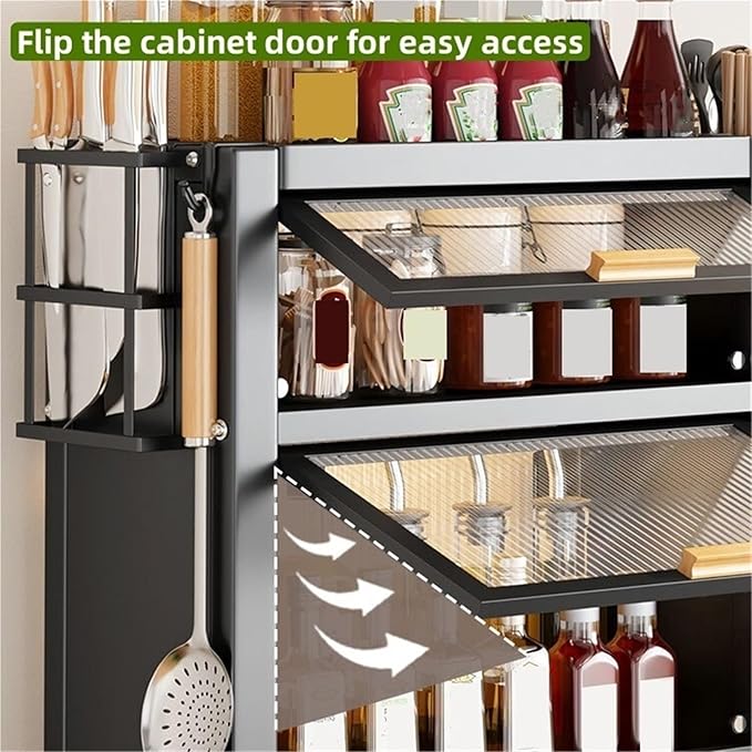 Home Furnishing Seasoning Bottle Storage Box Spice Rack Kitchen Countertop Storage Cabinet Pantry Sideboard Freestanding Counter Storage Organizer for Kitchen Living Room(Black,41cm)