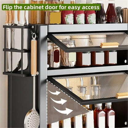 Home Furnishing Seasoning Bottle Storage Box Spice Rack Kitchen Countertop Storage Cabinet Pantry Sideboard Freestanding Counter Storage Organizer for Kitchen Living Room(Black,41cm)