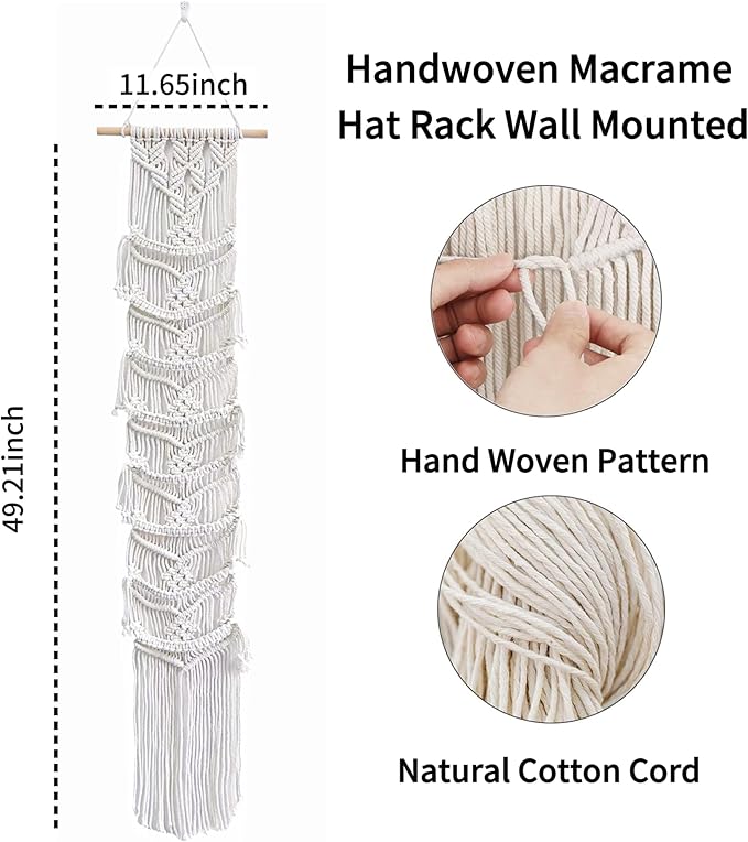 Macrame Hat Organizer Wall Mount for Baseball Caps - Handwoven Cotton Rope Cap Rack, Boho Home Decor, Holds Up to 8 Caps