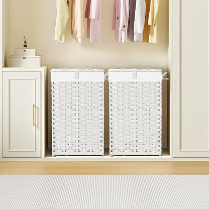 Greenstell Laundry Hamper with Lid, 60L Clothes Hamper with 2 Removable Liner Bags & 2 Mesh Bags, Handwoven Synthetic Rattan Basket, Toys in Bathroom, Bedroom White