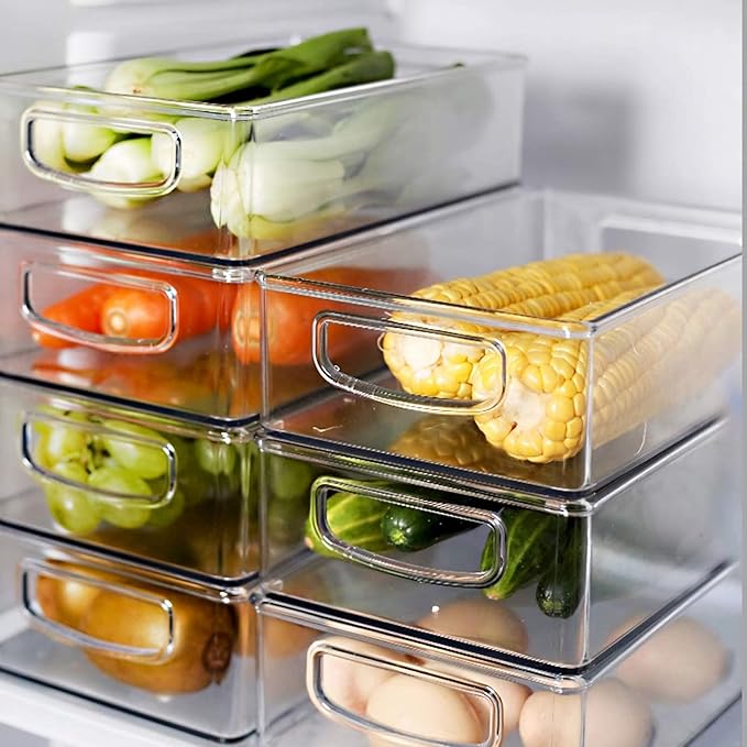 Kingrol 6 Pack Plastic Storage Bins for Pantry, Refrigerator, Countertop, Cabinet Organization, Stackable Food Storage Organizer with Handles, BPA Free, 10 x 6 x 3 Inch