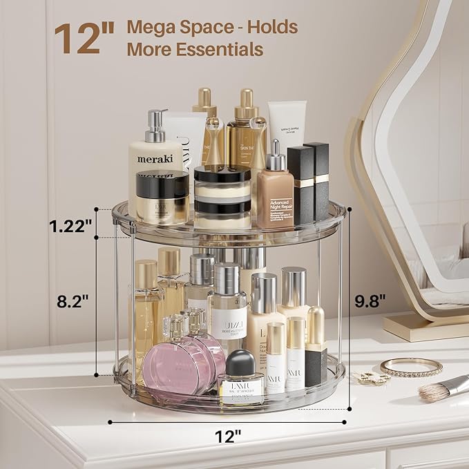 LAMU 2Pack 2 Tier Lazy Susan Organizer 12 inch Large Lazy Susan Turntable Rotating Spice Rack Organization for Cabinet, Kitchen, Pantry, Countertop, Bathroom, Vanity, Medicine Cabinet Organizer, Grey