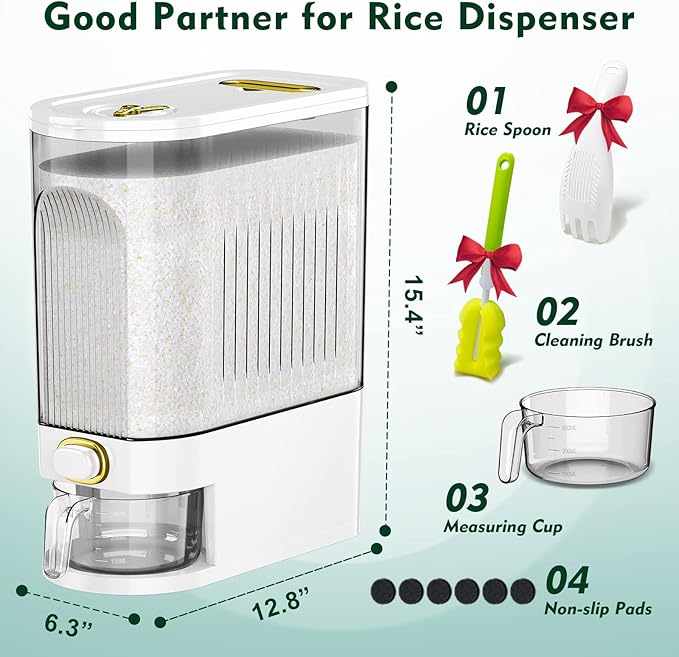 Lenwi 22 Lbs Rice Dispenser, Large Dry Food Storage Container with with Measuring Cup & Time Scale, Food Dispenser Kitchen Organization and Pantry Store for Cereal Dry Food (White)