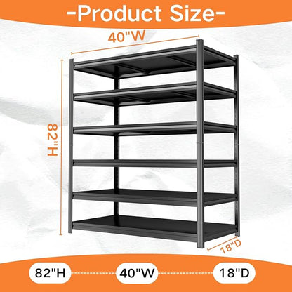 82''H Garage Shelving,3960LBS Heavy Duty Garage Shelving,40"W Industrial Shelving,Adjustable Storage Shelf Unit with Double Layer Posts for Garage,Basement,Warehouse,Commercial,Black 6 Tier