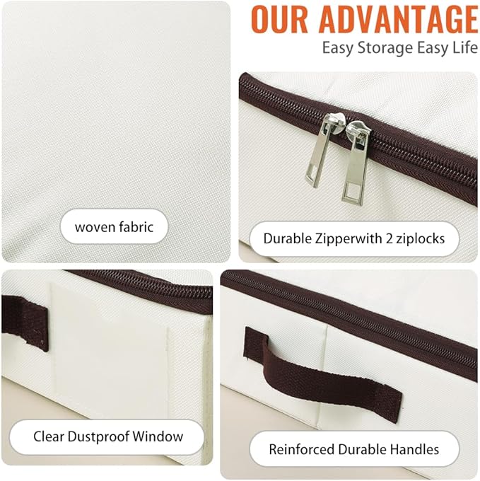 AMJ 2-Pack 4” Height Under-Bed Storage Baskets | Foldable Fabric Drawers for Clothes, Shoes, and Bedding, Beige