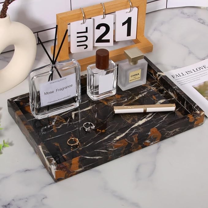 Marble Bathroom Vanity Tray, Natural Luxury Vanity Home Kitchen Bathroom Table Tray, Stone Decorative Countertop Dresser Trays for Key Coffee Perfume Jewelry Makeup (Black Gold, 12"x 8" x1.2")