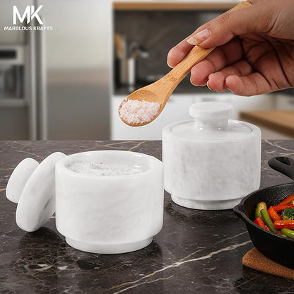 MARBLOUS KRAFTS White Marble Small Salt Cellar with Lid 3 Inch Set of 2 Handmade Stone Salt Container for Countertop, Sugar Bowl, Spice Jar & Salt and Pepper Containers, Kitchen Decor Gift