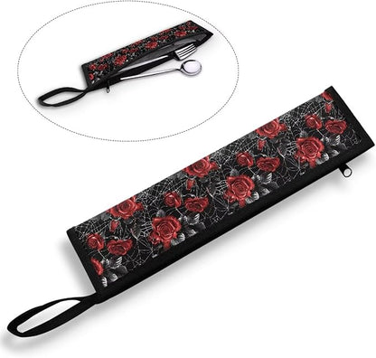 COEQINE Vintage Rose Flower Halloween Utensil Case Holder Lightweight Gothic Style Lightweight Portable Kitchen Utensil Case With Zipper Foldable