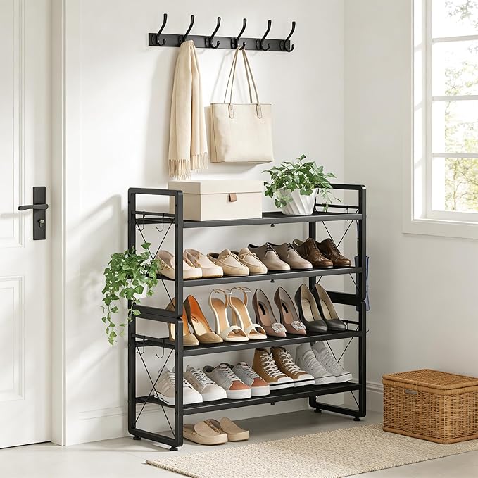 ELYKEN Shoe Rack, 4-Tier Expandable Shoe Organizer for Entryway, Metal Black Shoe Shelf with 8 Hooks, Adjustable Shoe Stand Holder for Closet, Garage, Door Entrance