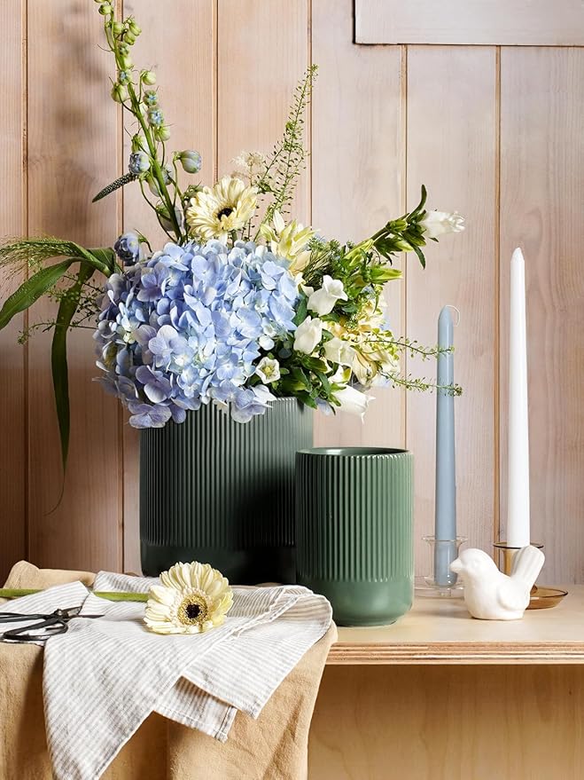 LE TAUCI Utensil Holder for Kitchen Counter, 7.3"+5.4" Fluted Ceramic Utensil Crock Organizer for Countertop, Heavy Large Holder for Spatulas, Spoons, Set of 2, Forest Green