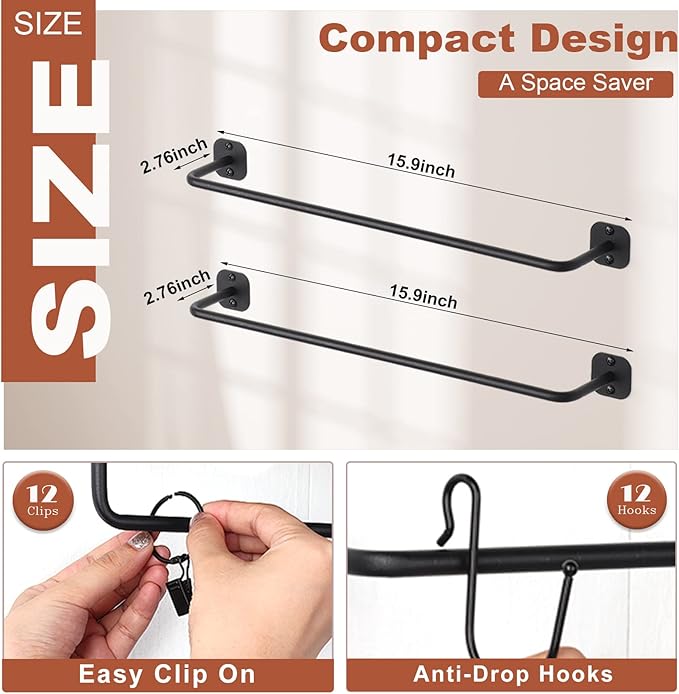 Hat Rack Wall Mount 24 Baseball Caps, Modern Metal Hook with 12 Clips and 12 Hooks Holder Storage Display for Closet Bedroom Entryway Laundry, 2 Pack Black