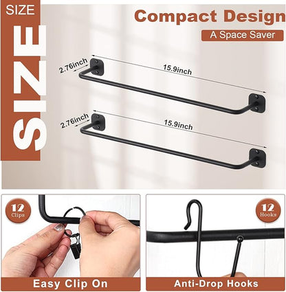 Hat Rack Wall Mount 24 Baseball Caps, Modern Metal Hook with 12 Clips and 12 Hooks Holder Storage Display for Closet Bedroom Entryway Laundry, 2 Pack Black