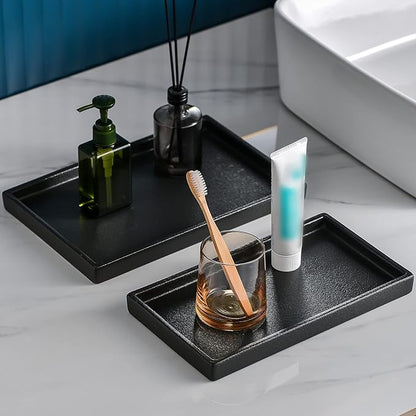 Ceramic Bathroom Sink Tray, Black Graininess Vanity Tray Decor Perfume Trays for Dresser Holder for Jewelry Candle Soap Plant Towel Cosmetic Organizer Rectangle Large