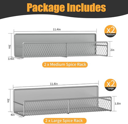 DTUQYX Magnetic Spice Rack for Refrigerator, 4 Pack 100% Metal Strong Magnet Fridge Shelves, Space Saving Spice Organizer, No Drilling Home Kitchen Laundry Room Storage Organization Moveable, Grey
