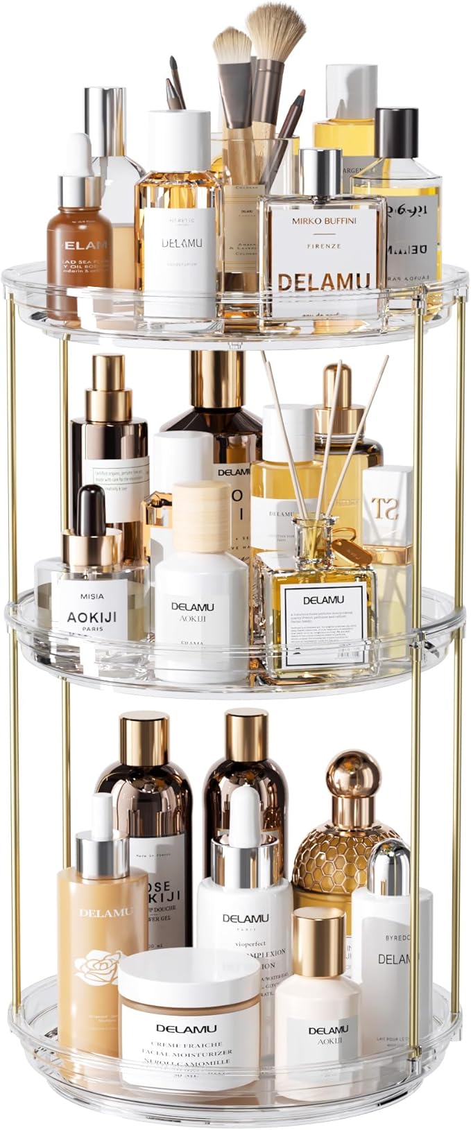 Delamu 3 Tier Rotating Makeup Organizer for Vanity, Skincare Organizer for Bathroom Counter, Spinning Perfume Organizer Cosmetic Holder with Large Capacity, Clear