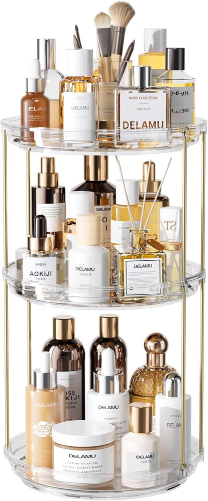 Delamu 3 Tier Rotating Makeup Organizer for Vanity, Skincare Organizer for Bathroom Counter, Spinning Perfume Organizer Cosmetic Holder with Large Capacity, Clear