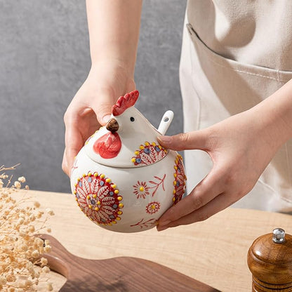 Ceramic Salt Cellar with Lid and Spoon, 13 oz Large Chicken Salt Jar, Chicken Sugar Containers for Countertop, Decorative Kitchen Holder for Coffee, Pepper, Seasonings, Spices, Candy(Red)