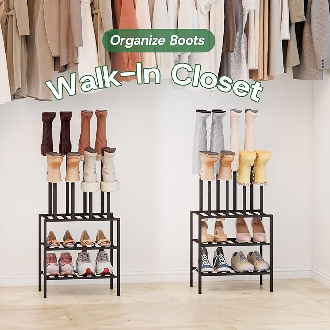 kiplant Small Boot Rack Organizer Tall Boots- 4 Pair Boot Rack Bamboo Wood Shoe Rack for Entryway & Closet, Holds Tall Boots