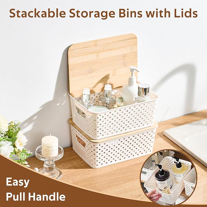 8 Pack Plastic Storage Bins with Bamboo Lids - Stackable Storage Baskets with Handle for Pantry Organizer and Storage, Plastic Containers Bins Lidded Storage Bins for Classroom Office Shelves