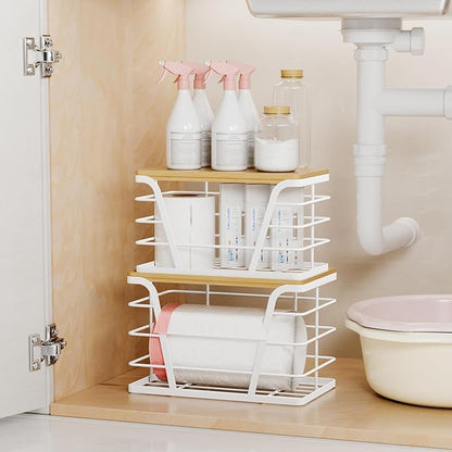 TIDIIABODE 2 Pack Stackable Laundry Room Organization and Storage, Laundry Room Decor and Accessories, Trash Bag Holder with Bamboo Top and Garbage Bag Dispenser, White