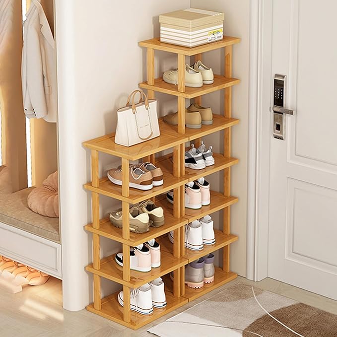 Vertical Shoe Rack - Wooden Space Saving Corner Shoe Shelf, 5 Tiers, No-Tool Need for Entryway, Closet