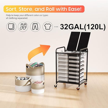 120L (31.7 Gal) Laundry Sorter 2 Section, Rolling Laundry Basket with Lockable Wheels and Lid, Laundry Hamper with 2 Separated Removable Bags Dirty Clothes Hamper for Laundry Room Organizer, Black