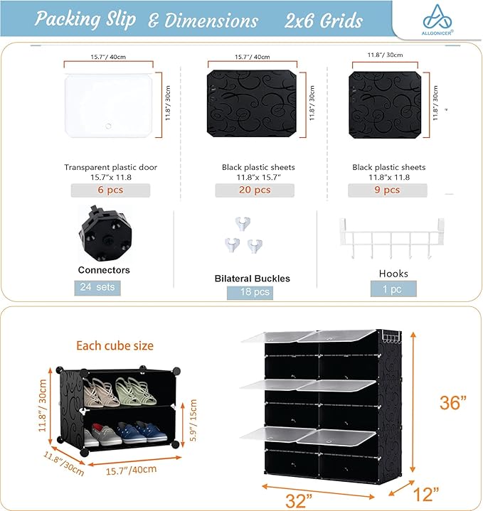 Patented Shoe Racks Organizers Shelves, Floor-Standing, Wall Hanging, Sturdy and extendable. Easy DIY Assembly, for Door Entrance, Closet, and Workplace (2x6Grid, Translucent & Black)