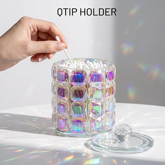 Crystal Qtip Holder Dispenser, 17oz Bathroom Canisters with Lid for Cotton Balls,Swabs,Floss Picks,Hair Accessories, Iridescent Glass Apothecary Jars with Lids,Vanitys Bathroom Organizer and Storage