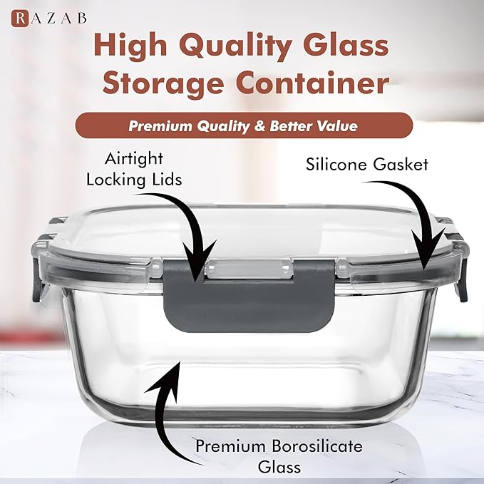 Razab 2 PC 1200ML / 41 Oz Glass Food Storage Containers with Lids - Airtight & Leakproof - Microwave/Oven/Freezer Safe - BPA Free - Ideal for Meal Prep, Storing Leftover & Lunch
