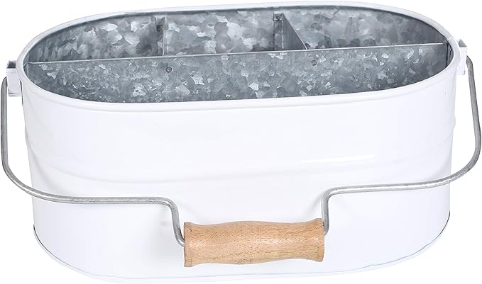 Light & Pro Farmhouse Rustic Silverware Utensil Carry All Caddy- Galvanized Utensil Caddy with Wooden Handle for Kitchen Counter, Silverware Organizer for Flatware, Condiments, Party Supplies - White
