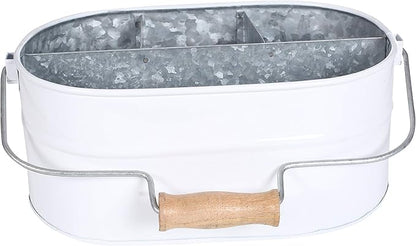 Light & Pro Farmhouse Rustic Silverware Utensil Carry All Caddy- Galvanized Utensil Caddy with Wooden Handle for Kitchen Counter, Silverware Organizer for Flatware, Condiments, Party Supplies - White