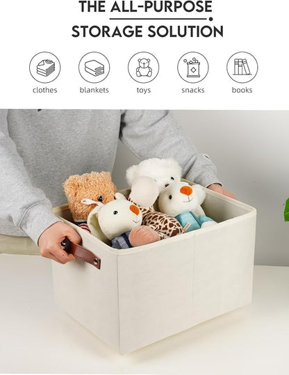 [6-Pack] Fabric Storage Bins Reinforced 2.5mm Cardboard Shelf Bins with PU Leather Handles (15x11x9.5 ) Durable Storage Baskets for Closet Organization, Toy Organizer, & Home Office Beige