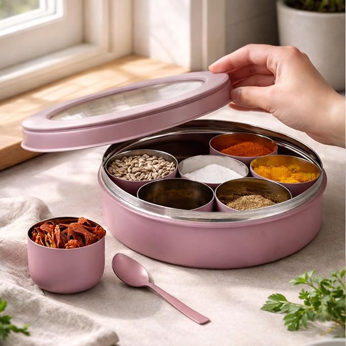 Elan 7 Compartment Multipurpose Air-Tight Stainless Steel See-Through Round Colorful Spice Box/Popula Dabba with Lid and Spoon | Mauve, (1500 ml)