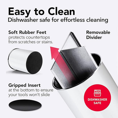 Cooler Kitchen White Rotating Extra Large Stainless Steel Utensil Holder Caddy with Sturdy No-Tip Weighted Base, Removable Divider, and Gripped Insert - Dishwasher Safe Metal Cooking Utensil Holder
