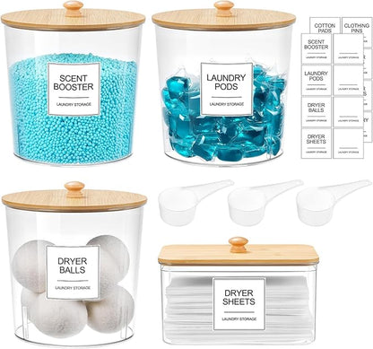 Laundry Pods Container & Dryer Sheet Holder, Laundry Room Organization and Storage Jars with Lids, Labels & Scoops for Powder Detergent Scent Booster