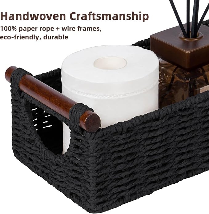 CubesLand Wicker Toilet Storage Basket Tray Organizer W/Cut Out Handle, Slim Decorative Basket for Countertop, Shelves And for Versatile Home Decor, Living Room, Nursery Organization, Black