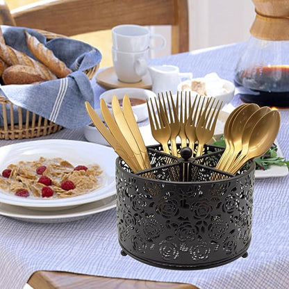 DysanVica 360° Rotating Metal Silverware Caddy - 4 Compartment Utensil Cutlery Holder Fork Spoon Napkin Organizer Flatware Storage Basket Party Countertop Buffet Picnic Camping Outdoor (Black)
