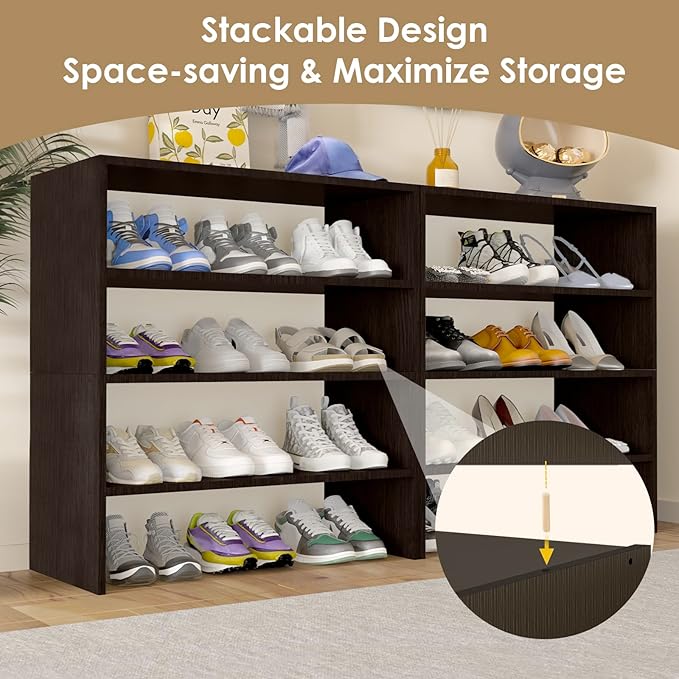PrimeZone Shoe Rack for Closet - 2-Tier Stackable Shoe Shelf for 6-12 Pairs, Freestanding Wooden Shoe Organizer, Small Storage Shoe Stand for Entryway, Closet, Dorm, Office, Small Space, Espresso