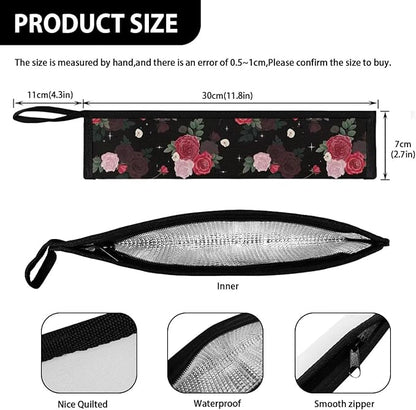 COEQINE Travel Silverware Holder Case Flatware Organizer For Drawer 11 Inch Wide and 2.7 Inch Carrying Bag Storage Case For Knife Fork Spoon, Red Rose Floral Retro Style