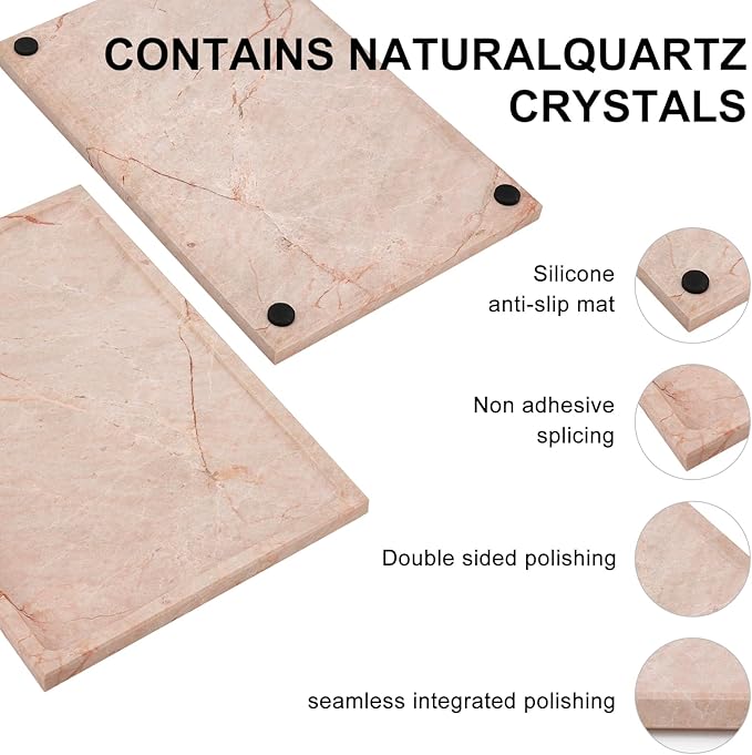 Real Luxurious Natural Marble Tray - 12x8 Inch Marble Vanity Tray for Perfume Display, Jewelry Organizer, Bathroom & Home Decor -Heavy Duty Non-Slip Stone Tray (Non-Resin/Non-Ceramic)（Pink）