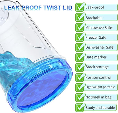 [32 oz 10 Pack] Food Storage Freezer Containers Clear Bottom with Blue Twist Top Lids Reusable, Plastic Airtight Meal Prep Containers BPA Free | Stackable | Leakproof | Microwave/Dishwasher Safe