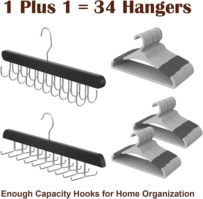 4 Pack Tie Rack and Belt Hanger 2 in 1, Wooden Tie Organizer for Closet with 20 Foldable Hooks, Space Saving Necktie Holder and Belt Organizer, Black