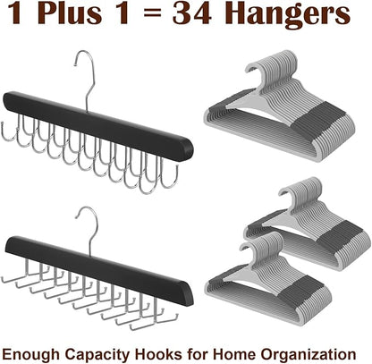 4 Pack Tie Rack and Belt Hanger 2 in 1, Wooden Tie Organizer for Closet with 20 Foldable Hooks, Space Saving Necktie Holder and Belt Organizer, Black