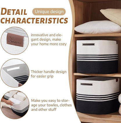 Storage Baskets, 42L*2 Pack Storage Baskets for Organizing, Laundry Basket for Closet, Cotton Rope Blanket Basket for Storage, Toy Storage Basket for Living Room, Laundry Room, Bedroom-Black